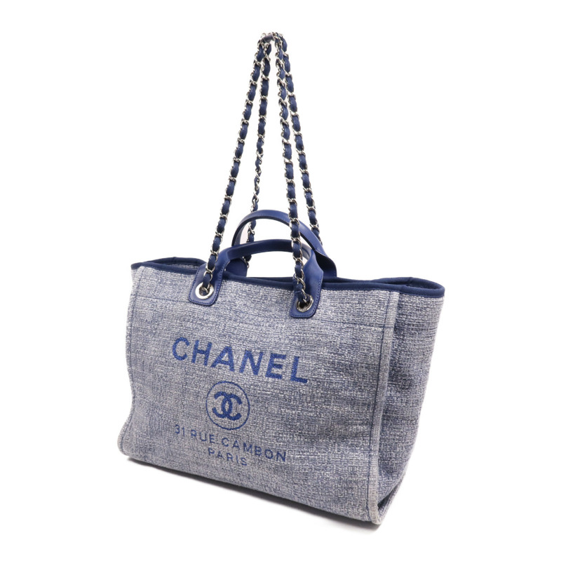 CHANEL 帆布Deauville Tote Bag銀扣鏈帶手挽肩背兩用袋-2