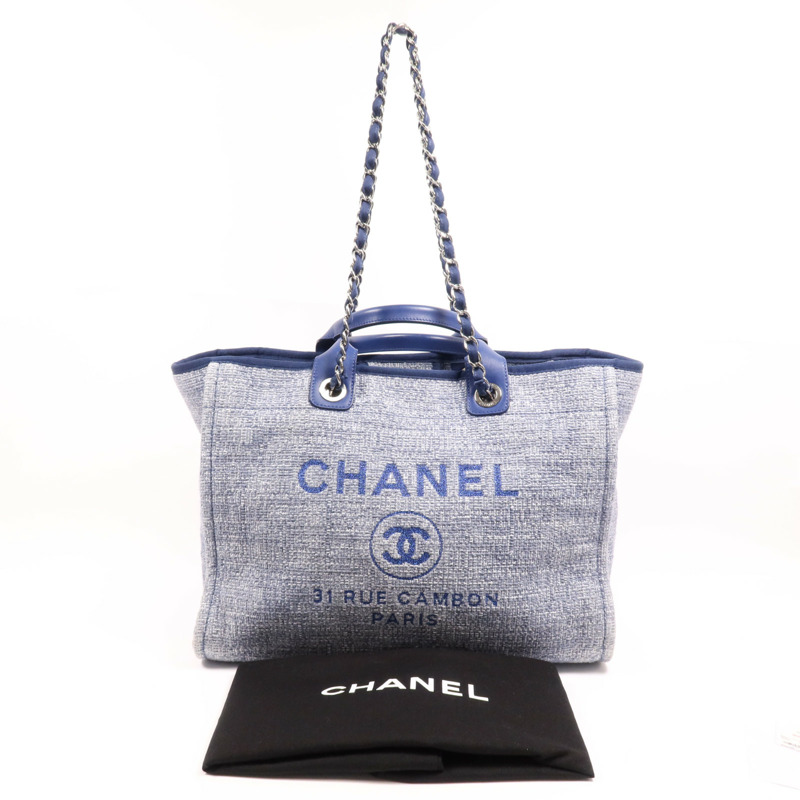 CHANEL 帆布Deauville Tote Bag銀扣鏈帶手挽肩背兩用袋-7