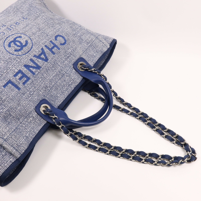 CHANEL 帆布Deauville Tote Bag銀扣鏈帶手挽肩背兩用袋-13