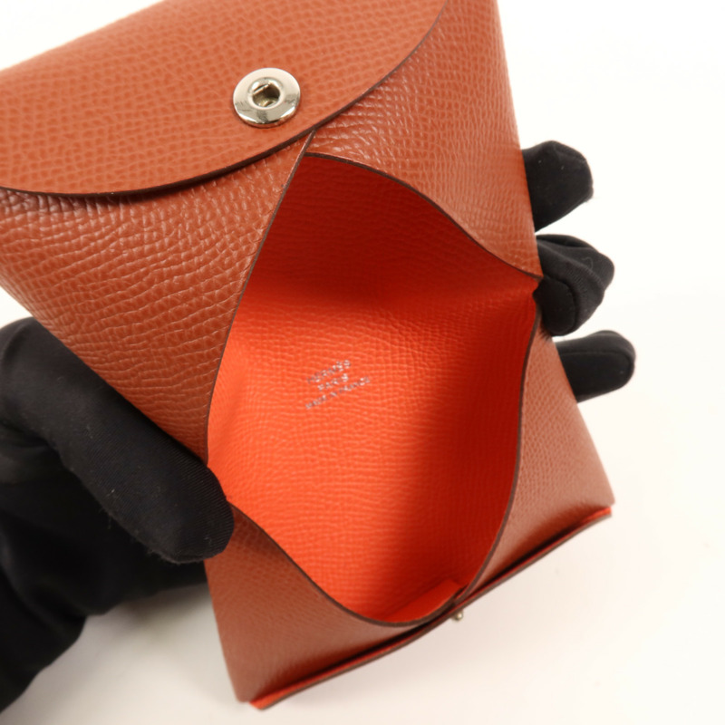 HERMES Epsom皮革Calvi Duo銀扣卡片套Rouge Venitien-5