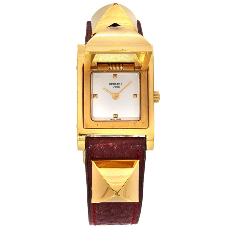 Hermès Medor 女士金字塔金質鉚釘腕錶,白色和波爾多色皮革石英腕錶-0