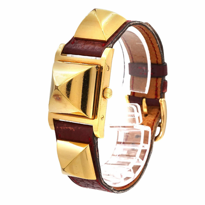 Hermès Medor 女士金字塔金質鉚釘腕錶,白色和波爾多色皮革石英腕錶-2