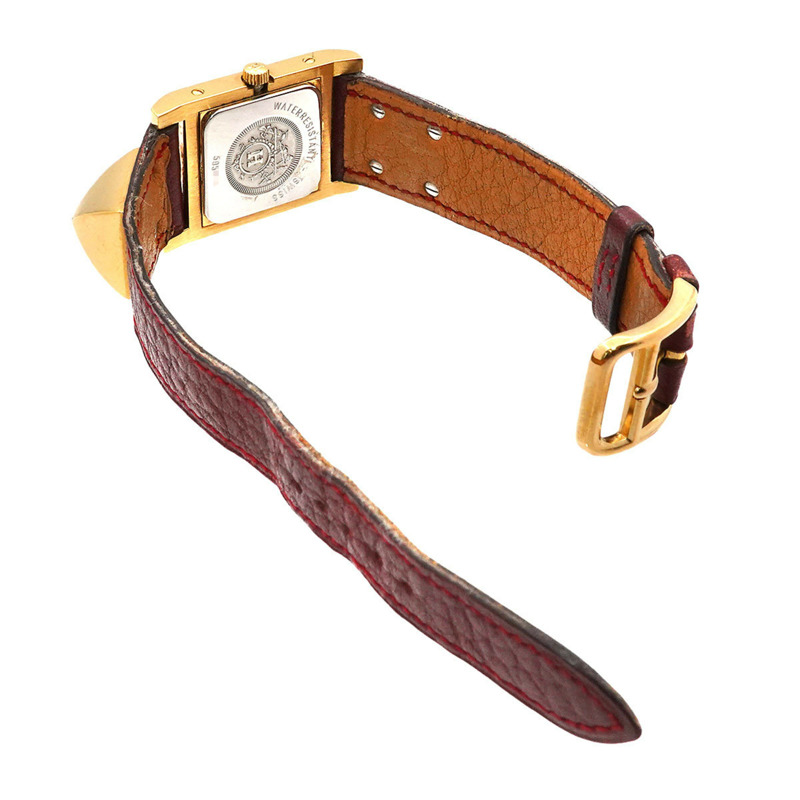 Hermès Medor 女士金字塔金質鉚釘腕錶,白色和波爾多色皮革石英腕錶-4