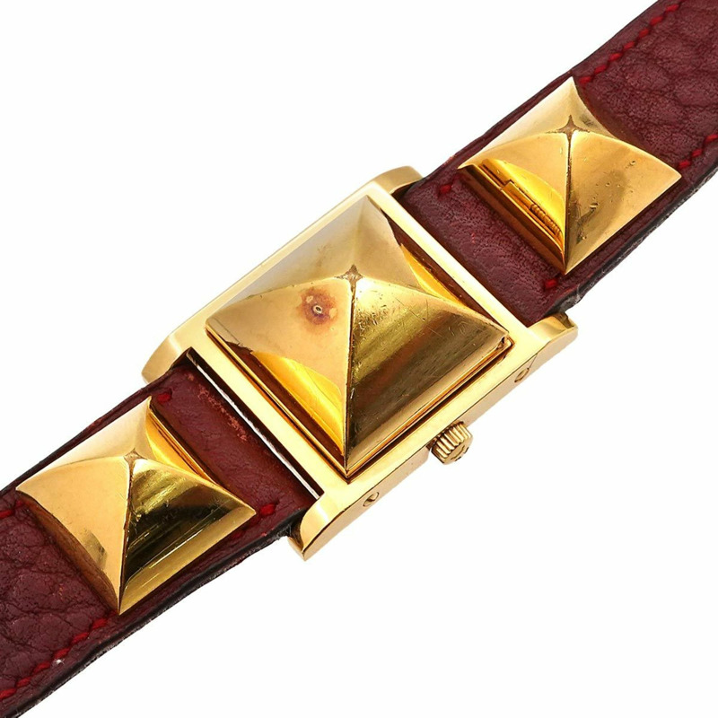 Hermès Medor 女士金字塔金質鉚釘腕錶,白色和波爾多色皮革石英腕錶-8