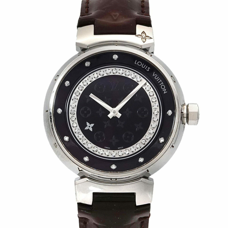 Louis Vuitton Tambour Disc Amaranth Diamond MM Q1319 女士石英腕錶-0
