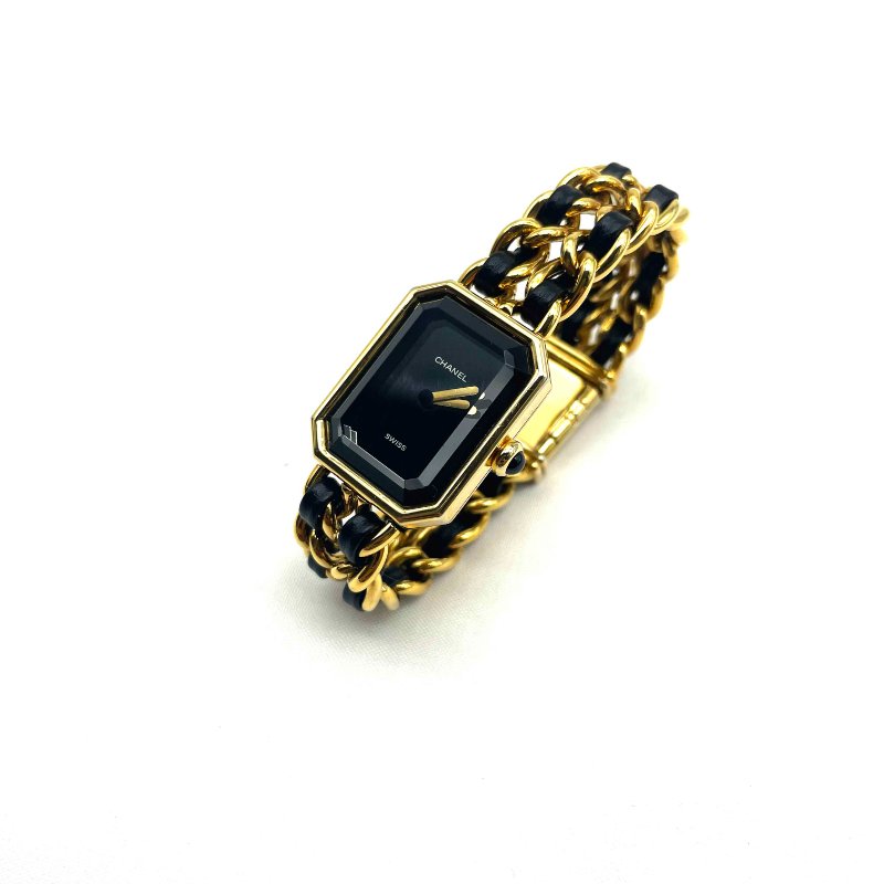CHANEL 黑金皮穿首映石英錶S-1