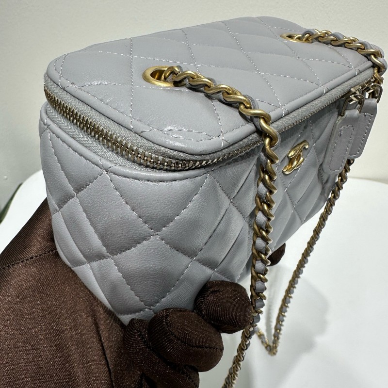 Chanel 灰色金球長盒子包 金色五金 斜背包 肩背包-8