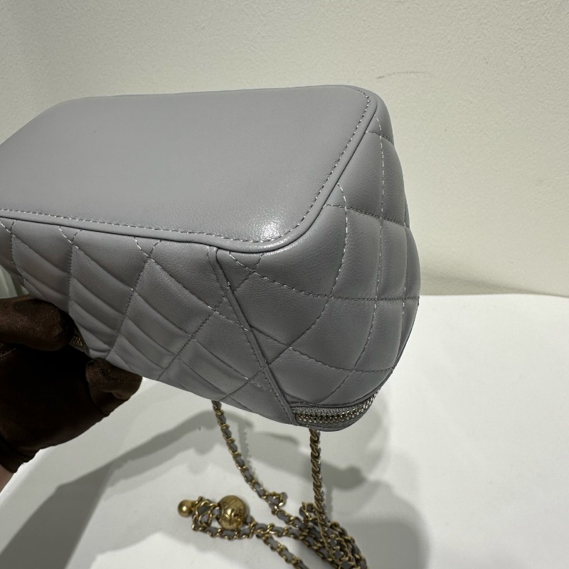 Chanel 灰色金球長盒子包 金色五金 斜背包 肩背包-15