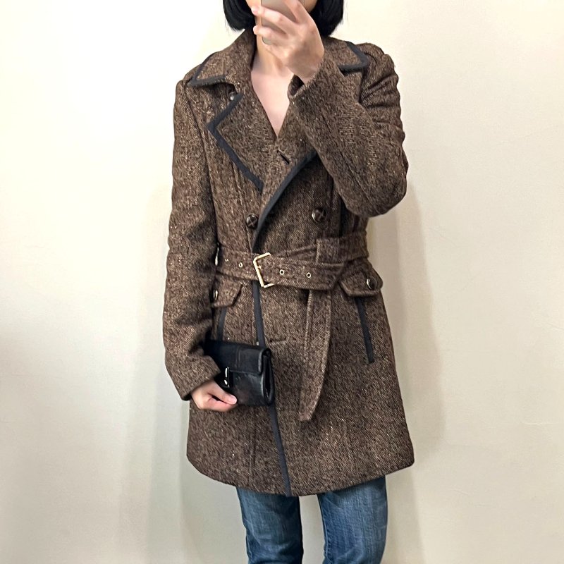 MK / Michael Kors 咖色羊毛雙排釦毛呢長版大衣 4/S/M/36-0