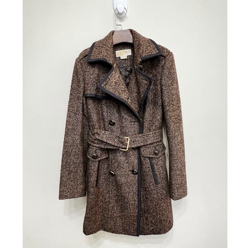 MK / Michael Kors 咖色羊毛雙排釦毛呢長版大衣 4/S/M/36-2