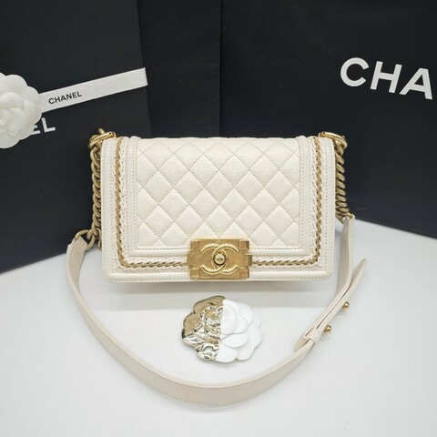 Chanel Leboy 奶白色 牛皮 金色鏈條 小號 20cm 肩背包斜背包