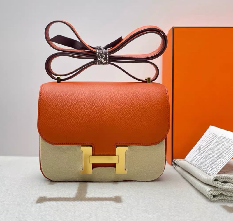 有購證💓 爱马仕 Hermes Constance 康康19 epsom皮 R1大地橘 金扣 Z 刻 配件全套带票-0