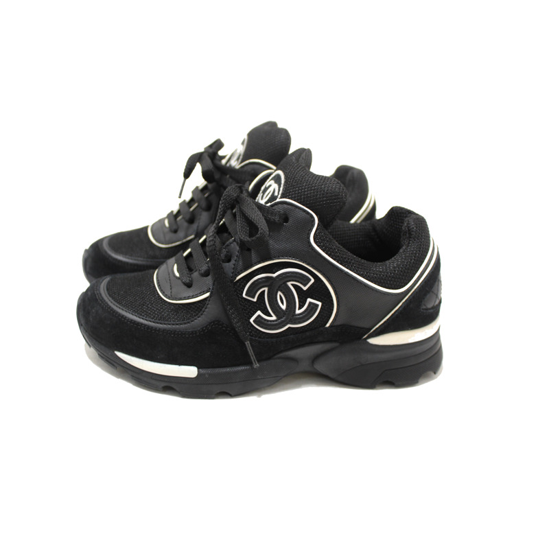 Chanel Black Suede Leather Calfskin CC Sneakers Size 36-0