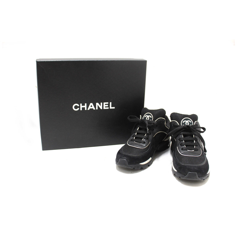 Chanel Black Suede Leather Calfskin CC Sneakers Size 36-12