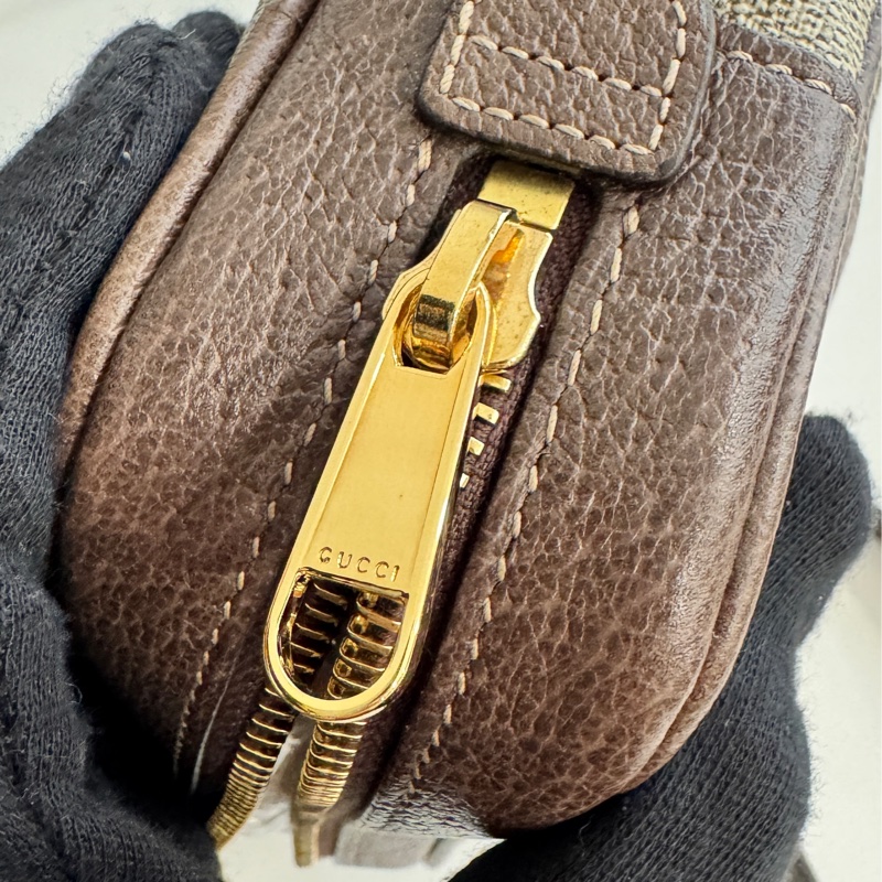 GUCCI Ophidia 琺瑯LOGO帆布紅綠條紋斜背包(棕)-12