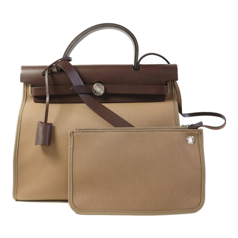 HERMES 帆布Herbag PM銀扣手挽肩背兩用袋Etoupe-15