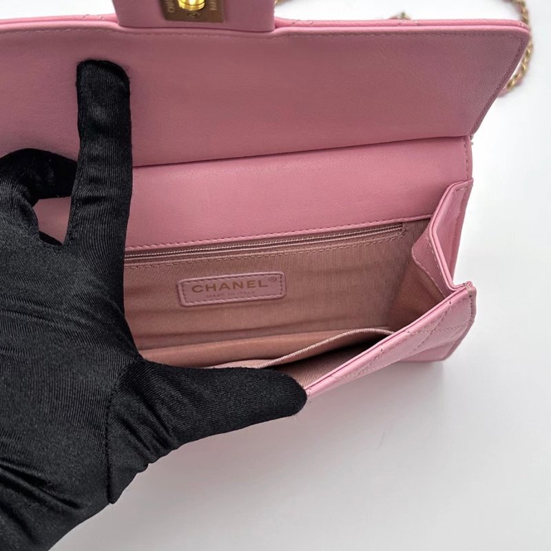 CHANEL 粉金CF珍珠鏈條斜背夾子包21*16*3 99新配件盒子塵袋保卡-1