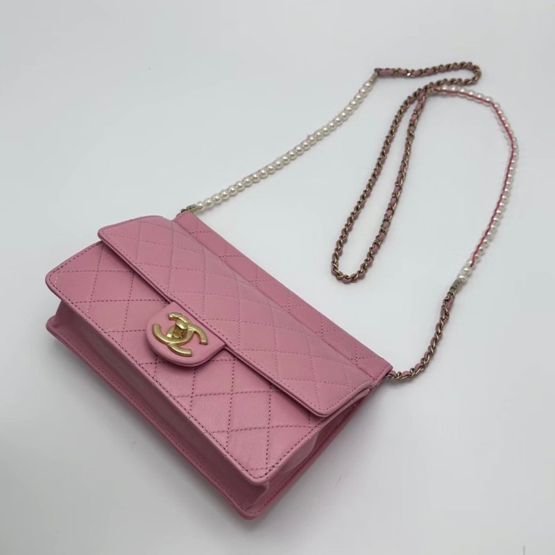 CHANEL 粉金CF珍珠鏈條斜背夾子包21*16*3 99新配件盒子塵袋保卡-2