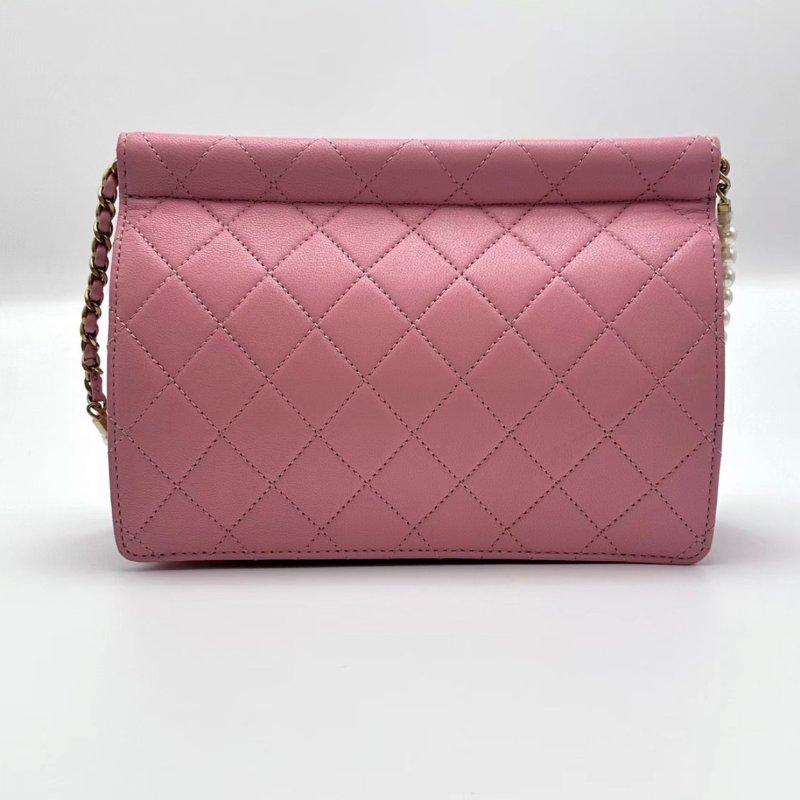 CHANEL 粉金CF珍珠鏈條斜背夾子包21*16*3 99新配件盒子塵袋保卡-5