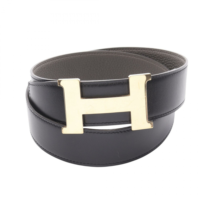 HERMES Constance H 皮帶 皮革 黑 灰色 二手 男款 GHW B-0