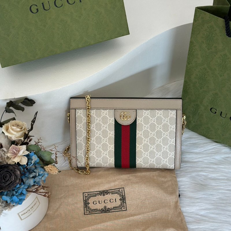 GUCCI Ophidia紅綠織帶夾子包- 中號米-7