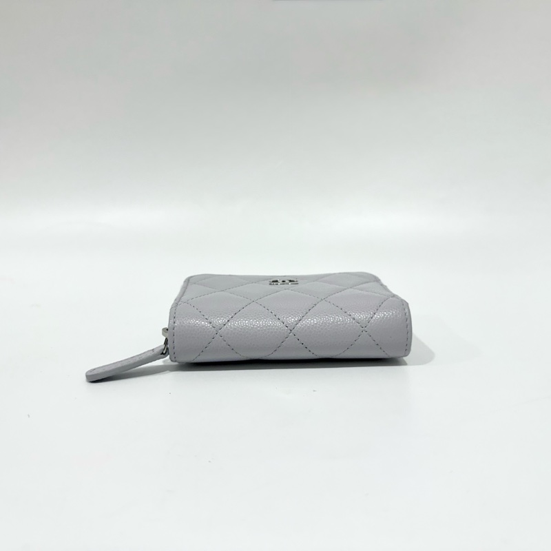 CHANEL淺灰藍牛皮銀釦ㄇ拉零錢卡包AP0216-4