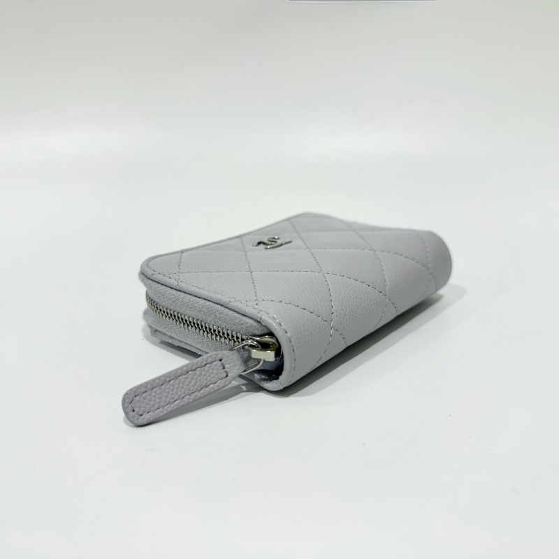 CHANEL淺灰藍牛皮銀釦ㄇ拉零錢卡包AP0216-9
