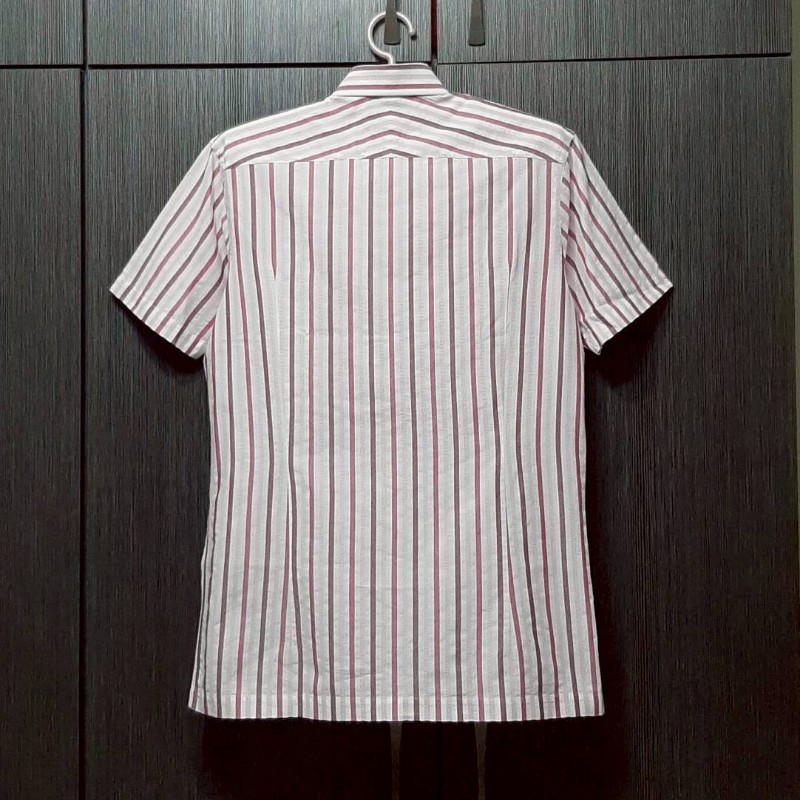 (日本製MIJ)BURBERRY 博柏利 LONDON 戰馬 男條紋短袖襯衫M-1