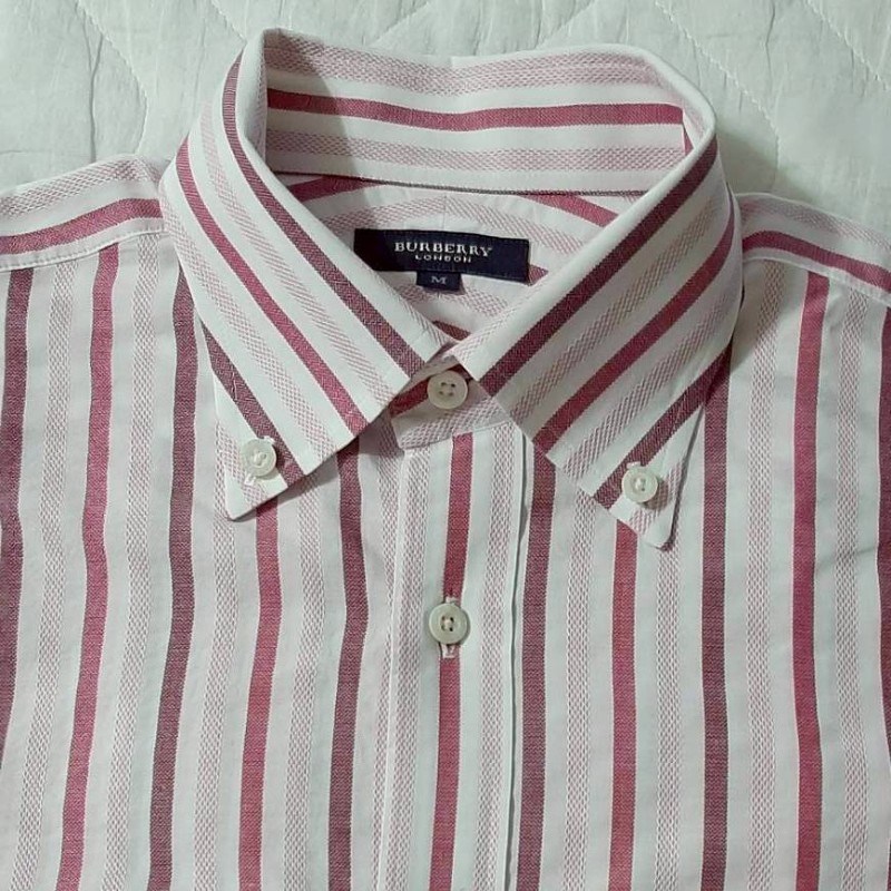 (日本製MIJ)BURBERRY 博柏利 LONDON 戰馬 男條紋短袖襯衫M-2
