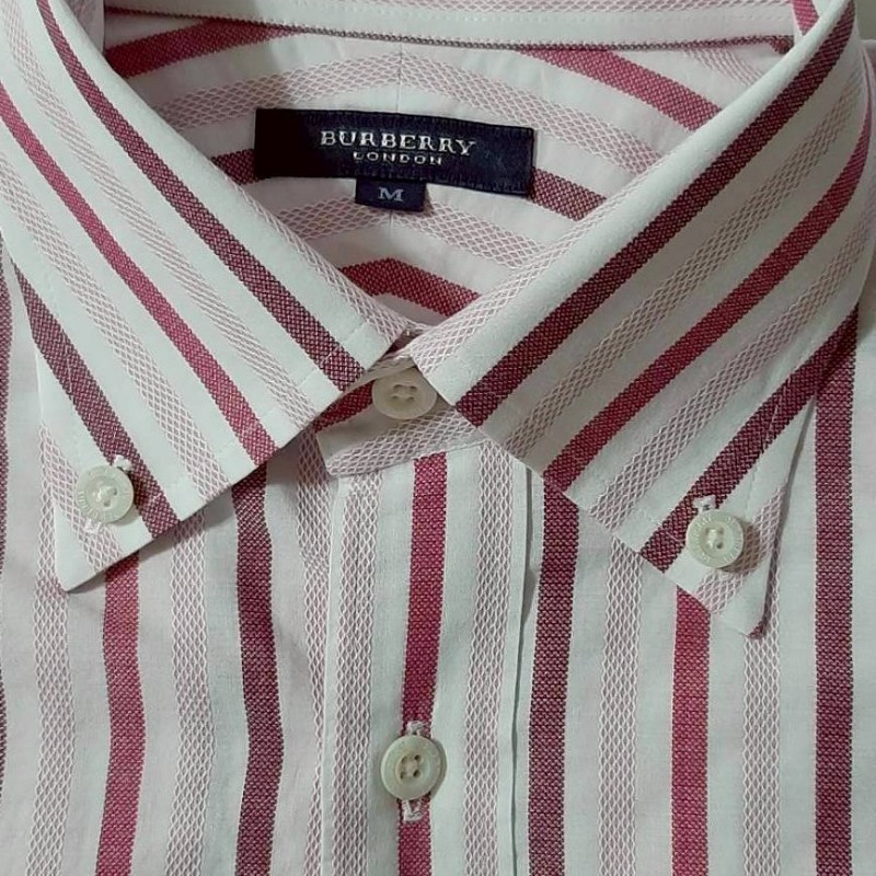 (日本製MIJ)BURBERRY 博柏利 LONDON 戰馬 男條紋短袖襯衫M-5