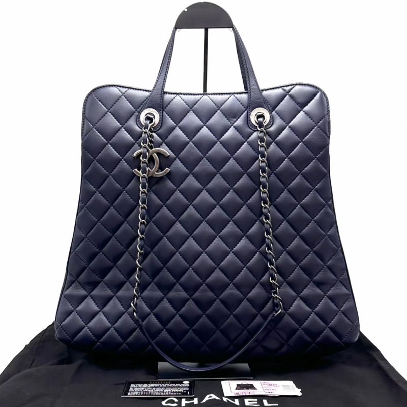 CHANEL 深藍色菱格紋手提肩背托特包 40*34*5 98新配件塵袋保卡-0