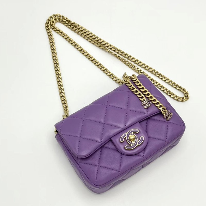 CHANEL 紫色金扣琺瑯扣大mini肩背包 28*13*5 98新配件盒子塵袋購證-4