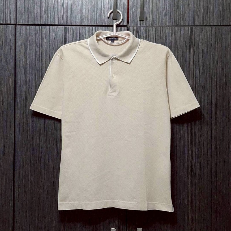 (日本製MIJ)BURBERRY 博柏利 LONDON 男卡其透氣網眼布短袖POLO衫L-0