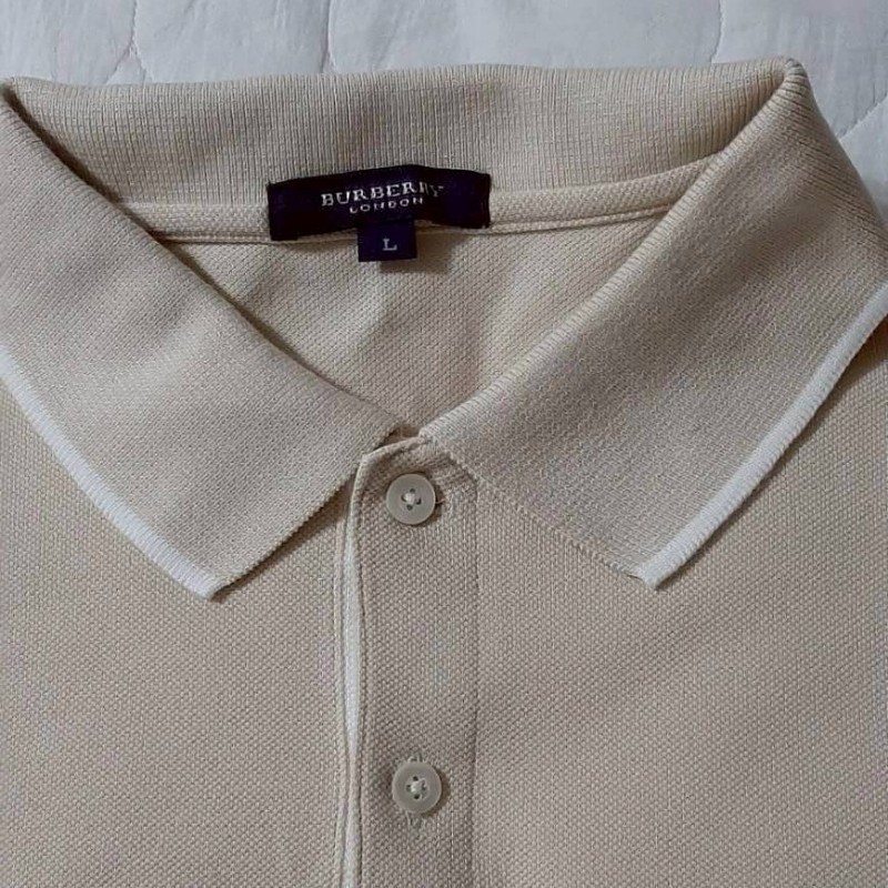 (日本製MIJ)BURBERRY 博柏利 LONDON 男卡其透氣網眼布短袖POLO衫L-2