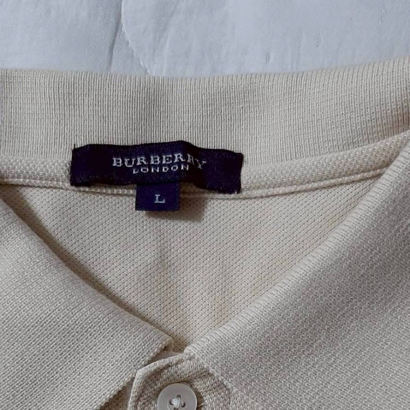 (日本製MIJ)BURBERRY 博柏利 LONDON 男卡其透氣網眼布短袖POLO衫L-6