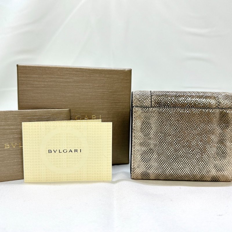 BVLGARI 全新閃金水蛇皮三折短夾-1
