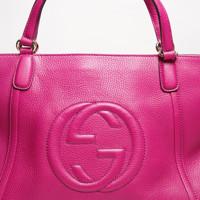 GUCCI 桃紅色Soho牛皮大logo壓紋手提斜背二用包-6
