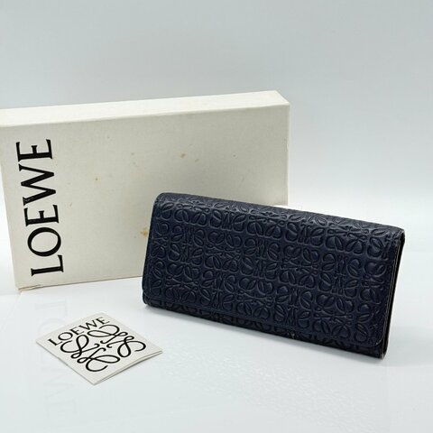 LOEWE 羅威 深藍色牛皮 壓印 長夾 錢包