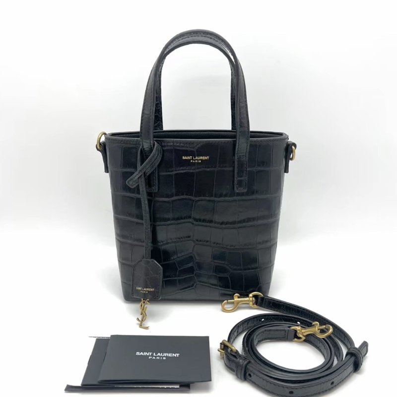 YSL 黑金鱷魚紋手提斜背水桶包 15*17*7 98新配件塵袋-0