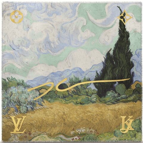 【收藏級❤️全網唯一】LOUIS VUITTON 路易威登 x 梵谷 麥田與柏樹Wheat Field with Cypresses 刺繡Logo 140cm 大方巾 圍巾 披肩 掛畫