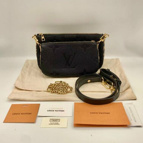 LOUIS VUITTON LV Multi Pochette Accessoires 可拆卸鏈條/肩帶 黑色粒面壓紋牛皮  五合一麻將袋/斜孭袋
