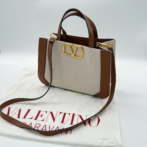 VALENTINO VLogo 金屬 米色亞麻帆布 棕色牛皮  約克夏手繪 手提包 單肩包 斜挎包