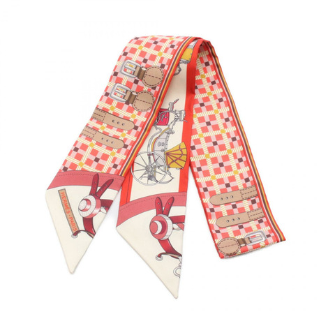 HERMES Twilly Les Voitures Nouvelles 圍巾 絲綢 紅色 米色 二手女式