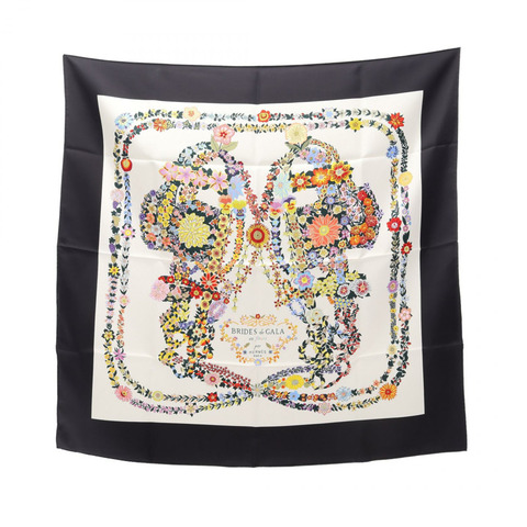 HERMES Carre90 BRIDES de GALA en Fleurs 圍巾 H004192S 絲綢 黑色 米色 二手