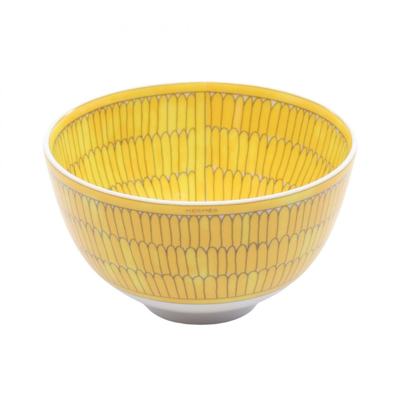 HERMES Soleil d'Herms 碗 PM 餐具陶器黃白灰二手男女通用-0