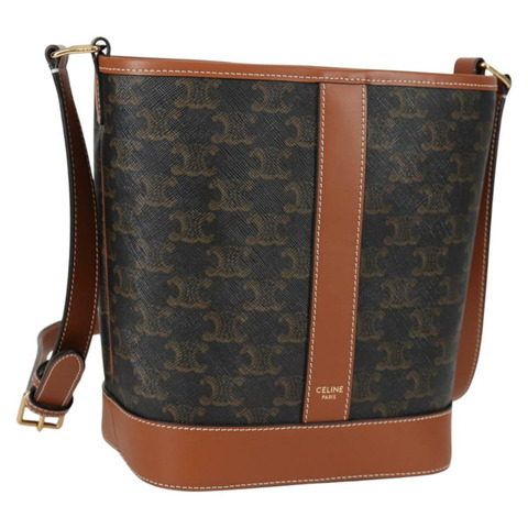 CELINE Triomphe 小號水桶肩背包 PVC 皮革 黑金 正品 135273M