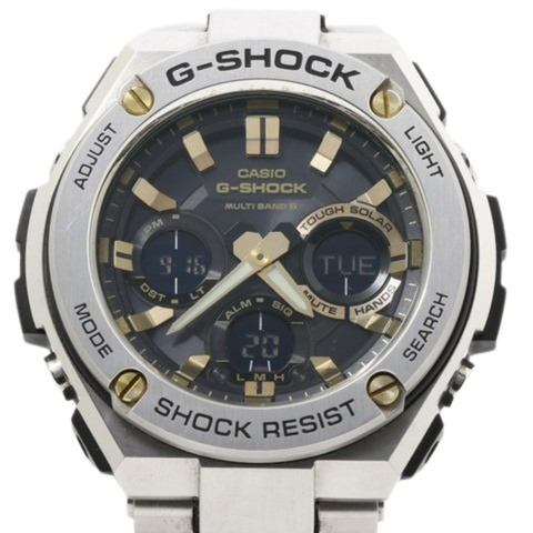 卡西歐 GSHOCK G-Steel W110D 1A9JF 男式類比數位無線電控制太陽能手錶，銀色和黑色錶盤樹脂不銹鋼