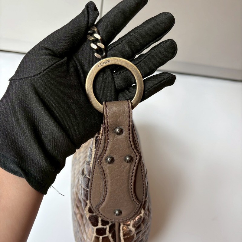 Fendi 古銅鍊帶金色鱷魚紋布小hobo 肩側包-6