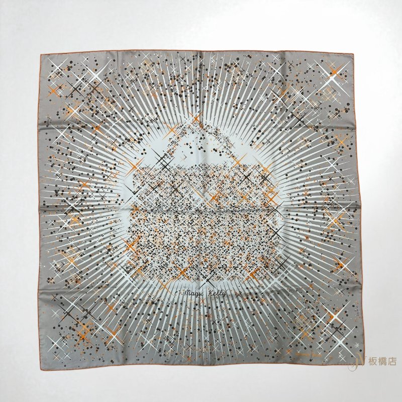 Hermes灰底橘邊點點十字光芒方絲巾 90x90-4
