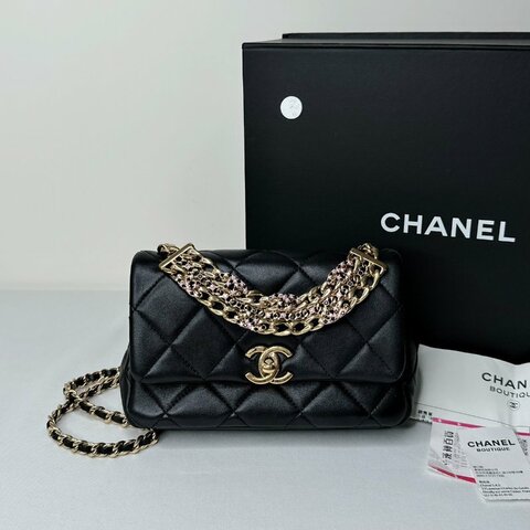 CHANEL 24C黑粉鑽提把鏈帶包
